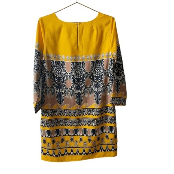 J.Crew Factory Yellow Foulard Border Print Shift Dress 3/4 Sleeve Crew Neck Mini - Picture 6 of 11